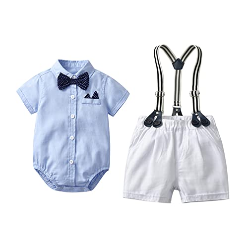 Volunboy Bebé Niño Caballero Conjunto, Camisa de Manga Corta con Pajarita + Corta Pantalón Traje Ropa(Azul,3-6 meses,Tamaño 59)