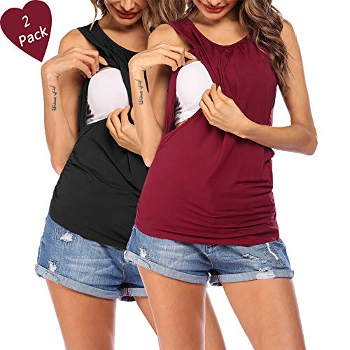 VOOMALL Camisa de Lactancia para Mujer Camisón de Maternidad sin Mangas Camisa de Maternidad con Dos Capas Top de Maternidad Recortado de 2 Piezas Delgado, XXL