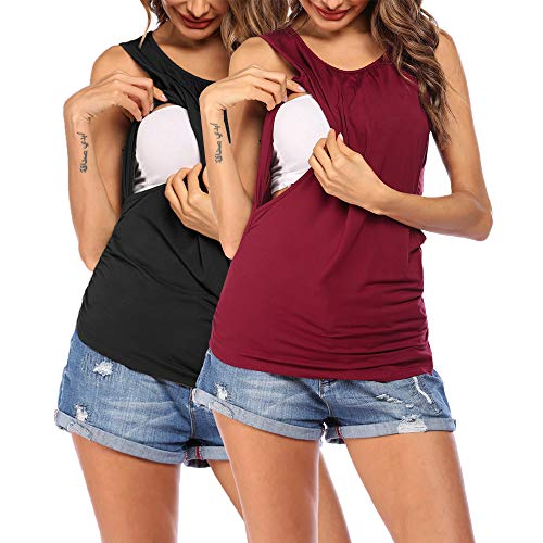 VOOMALL Camisa de Lactancia para Mujer Camisón de Maternidad sin Mangas Camisa de Maternidad con Dos Capas Top de Maternidad Recortado de 2 Piezas Delgado, XXL