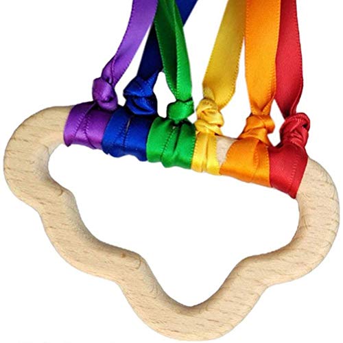 WBTY 2 anillos de cinta de madera de arco iris, mordedor de bebé recién nacido juguete sensorial nube cinta molar círculo de madera juguete para bebés desarrollo temprano