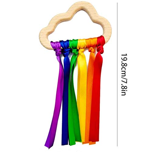 WBTY 2 anillos de cinta de madera de arco iris, mordedor de bebé recién nacido juguete sensorial nube cinta molar círculo de madera juguete para bebés desarrollo temprano