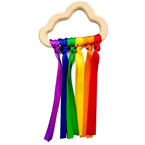 WBTY 2 anillos de cinta de madera de arco iris, mordedor de bebé recién nacido juguete sensorial nube cinta molar círculo de madera juguete para bebés desarrollo temprano