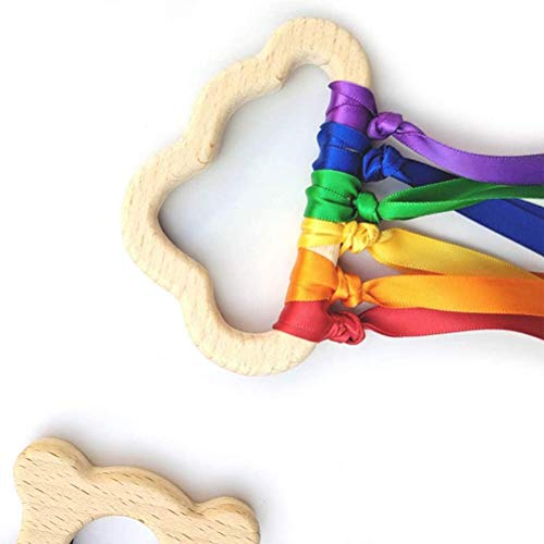 WBTY 2 anillos de cinta de madera de arco iris, mordedor de bebé recién nacido juguete sensorial nube cinta molar círculo de madera juguete para bebés desarrollo temprano