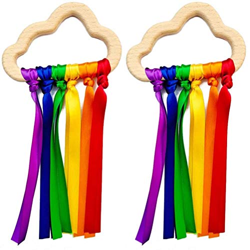 WBTY 2 anillos de cinta de madera de arco iris, mordedor de bebé recién nacido juguete sensorial nube cinta molar círculo de madera juguete para bebés desarrollo temprano