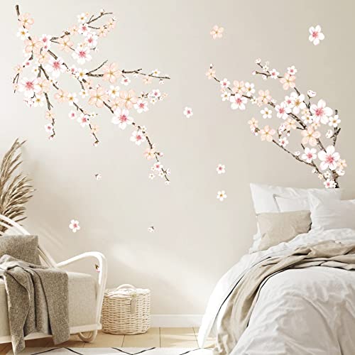 wondever Pegatinas de Pared Flor de Cereza Blanco Adhesivos Pared Decorativos Rama Árbol Vinilos Pared para Dormitorio Salón Televisión Pared