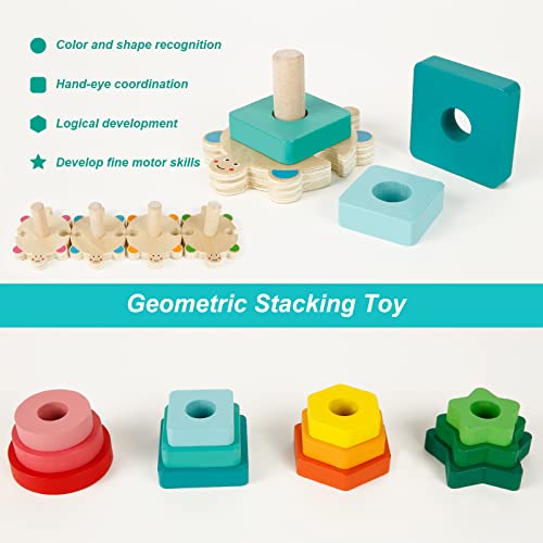 XiYee De Madera Rompecabezas Set Juguete Montessori, Juguetes Educativos para Bebés, para niños niñas 1 2 3 4 años Forma Reconocimiento Geometría Bloques de Stack & Sort Board, Juguetes Educativos