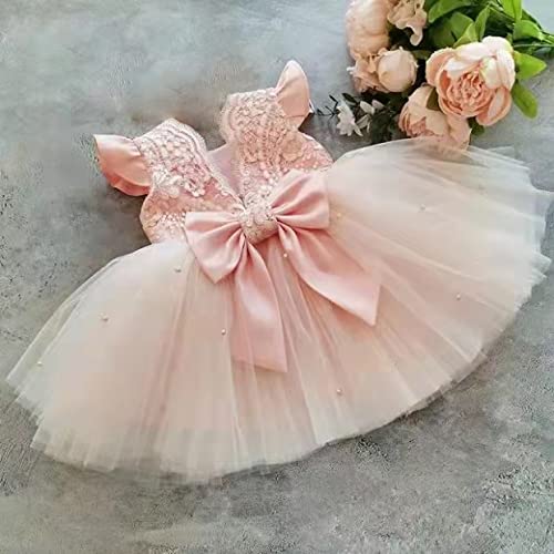 Xulahul Cerrémonia - Vestido de noche para bebé o niña, vestido de princesa con lazo con espalda de encaje para fiestas, bodas, cumpleaños, rosa, 3 mes