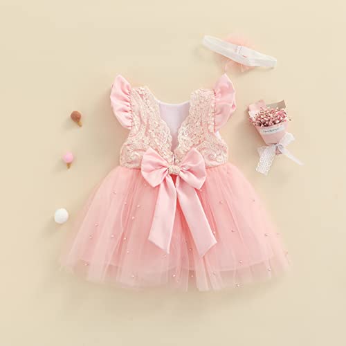 Xulahul Cerrémonia - Vestido de noche para bebé o niña, vestido de princesa con lazo con espalda de encaje para fiestas, bodas, cumpleaños, rosa, 3 mes