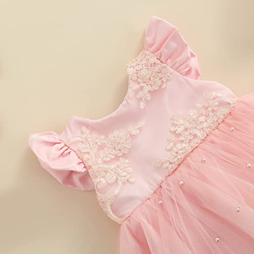 Xulahul Cerrémonia - Vestido de noche para bebé o niña, vestido de princesa con lazo con espalda de encaje para fiestas, bodas, cumpleaños, rosa, 3 mes