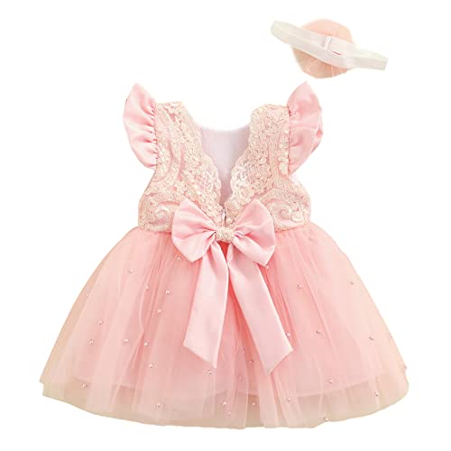 Xulahul Cerrémonia - Vestido de noche para bebé o niña, vestido de princesa con lazo con espalda de encaje para fiestas, bodas, cumpleaños, rosa, 3 mes