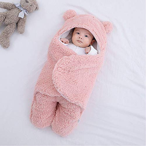 Yanding Saco de dormir envuelto para bebé, forma de oso de peluche, adecuado para bebés de 0 a 6 meses, mantas de felpa unisex, fácil de limpiar (3 a 6 meses, rosa)