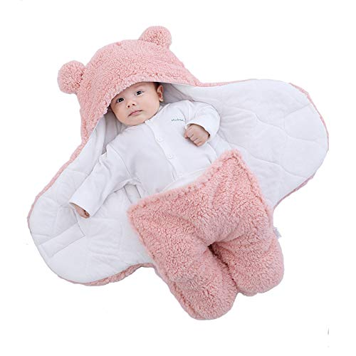 Yanding Saco de dormir envuelto para bebé, forma de oso de peluche, adecuado para bebés de 0 a 6 meses, mantas de felpa unisex, fácil de limpiar (3 a 6 meses, rosa)