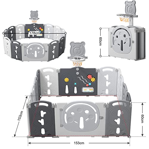 YOLEO Parque Infantil para Bebés, Corralito Bebe XXL 12 + 2 paneles, Centro de Actividades para Niños, Patio de Juegos de Seguridad Hogar Interior Exterior de 0 a 6 Años, Plegable (Gris-Blanco)