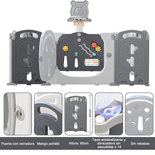 YOLEO Parque Infantil para Bebés, Corralito Bebe XXL 12 + 2 paneles, Centro de Actividades para Niños, Patio de Juegos de Seguridad Hogar Interior Exterior de 0 a 6 Años, Plegable (Gris-Blanco)