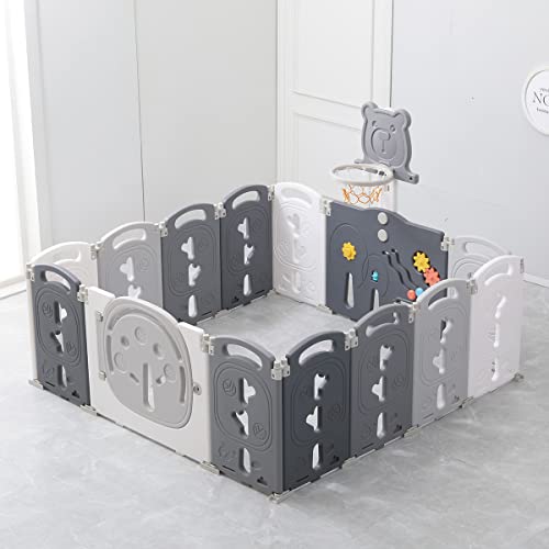 YOLEO Parque Infantil para Bebés, Corralito Bebe XXL 12 + 2 paneles, Centro de Actividades para Niños, Patio de Juegos de Seguridad Hogar Interior Exterior de 0 a 6 Años, Plegable (Gris-Blanco)