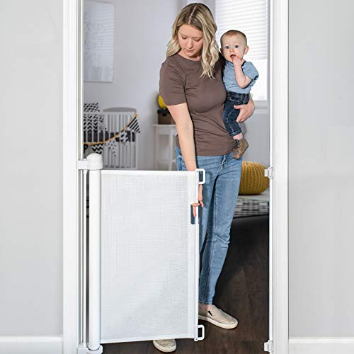 YOOFOR Barrera Seguridad Niños Escalera, 0-180 cm Puerta Seguridad Bebe, Eje de Aleación de Aluminio, Operación Silenciosa con una Sola Mano, para Escaleras/Exteriores/Puertas/Pasillos (Blanco, 140CM)