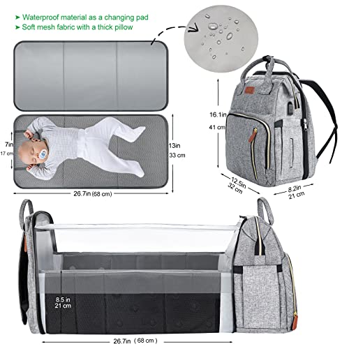 YUNISS Mochilas para Pañales Bebé, Multifuncional Bolso Cambiador con Portátil Cuna, Mochila para Carro Bebe, Gran Capacidad Mochila de Viajar para Mamá (Gris)