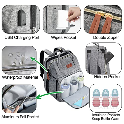 YUNISS Mochilas para Pañales Bebé, Multifuncional Bolso Cambiador con Portátil Cuna, Mochila para Carro Bebe, Gran Capacidad Mochila de Viajar para Mamá (Gris)