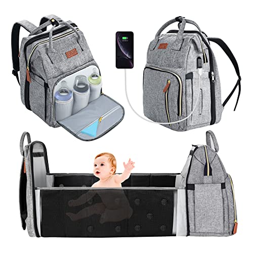 YUNISS Mochilas para Pañales Bebé, Multifuncional Bolso Cambiador con Portátil Cuna, Mochila para Carro Bebe, Gran Capacidad Mochila de Viajar para Mamá (Gris)