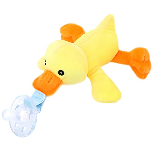 Zooawa Chupete con Pato de Peluche, Chupón de Silicona con Juguete Animal Felpa Patito Suave Extraíble Mordedor Pacificador sin BPA para Niños Bebé Infantil de 3 a 36 Meses - Amarillo + Naranja