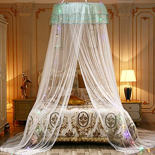 ZRE Cúpula de mosquitera, Cama de Princesa, Dosel, Cortina de Red, Encaje Redondo con Luces de Cadena de Estrellas para decoración, Uso en el hogar y Viajes, Carpa para Mosquitos, Blanco