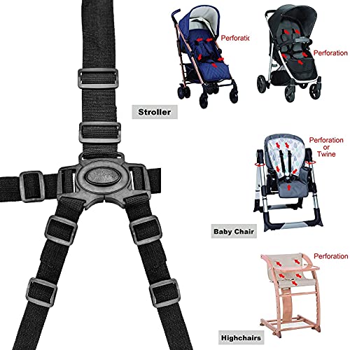 2 Piezas Arnes 5 Puntos Silla Paseo, Ajustable Cinturon Seguridad Cochecito Bebe para Silla Alta Cochecito - Negro