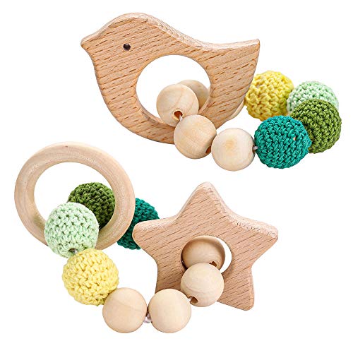 2 Piezas Bebé Mordedor de Anillo de Dentición de Madera Para Animal con Cuentas Masticables de Pulsera de Bricolaje Montessori Juguete Bebé (verde)