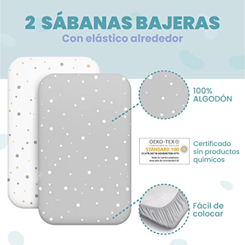 2 Sabanas Minicuna + 1 cubrecolchon para minicunas para Bebes Impermeable elástico - Lote de 3 Ropa de Cuna - Talla 50x83cm - Compatible con cunas, colchon - Niño y Niña - Diseño Gris