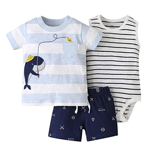 3 Paquetes Bebé Niños Pijama Atuendo Juegos de Ropa, NiñIto Camiseta + Pantalones Cortos + Body Conjunto de Ropa 6-9 Meses