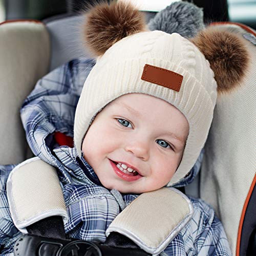 3 Piezas Gorro de Punto de Niños Gorra de Punto Twist de Invierno de Color Sólido Sombrero con Doble Pompones para Niños Niñas de 1-3 Años de Edad (Gris, Blanco, Negro)