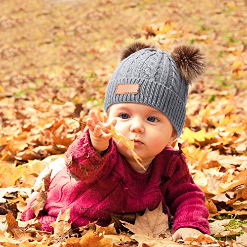 3 Piezas Gorro de Punto de Niños Gorra de Punto Twist de Invierno de Color Sólido Sombrero con Doble Pompones para Niños Niñas de 1-3 Años de Edad (Gris, Blanco, Negro)