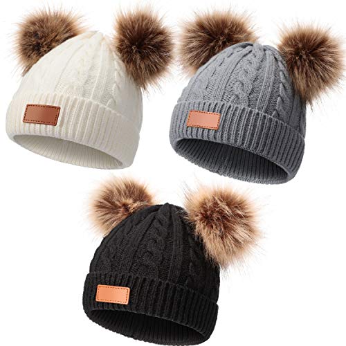 3 Piezas Gorro de Punto de Niños Gorra de Punto Twist de Invierno de Color Sólido Sombrero con Doble Pompones para Niños Niñas de 1-3 Años de Edad (Gris, Blanco, Negro)