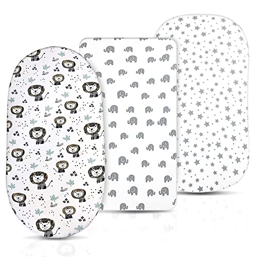 3 sábanas bajeras para minicuna, BelonLink Ajustable Sábanas Minicuna, cuna de colecho, cochecito, funda capazo universal, para Colchon Ovalado o Rectángulo(82 x 41cm) Estrellas, Elefante, León