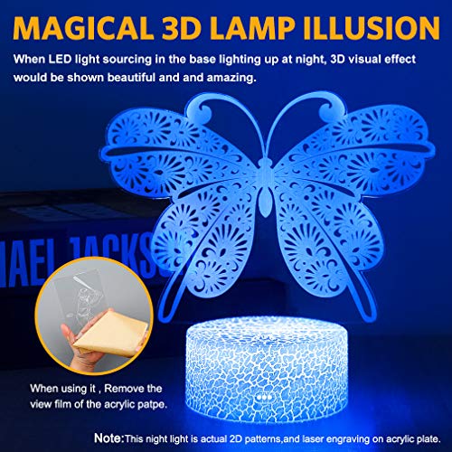 3D Lámpara de Ilusión, 16 Colores Mariposa Luz de Noche, Luz Nocturna para Niños con Mando a Distancia, Decoración Habitación, Regalo para Niños