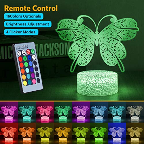 3D Lámpara de Ilusión, 16 Colores Mariposa Luz de Noche, Luz Nocturna para Niños con Mando a Distancia, Decoración Habitación, Regalo para Niños