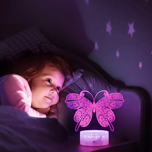 3D Lámpara de Ilusión, 16 Colores Mariposa Luz de Noche, Luz Nocturna para Niños con Mando a Distancia, Decoración Habitación, Regalo para Niños