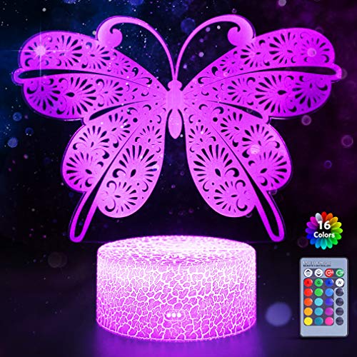 3D Lámpara de Ilusión, 16 Colores Mariposa Luz de Noche, Luz Nocturna para Niños con Mando a Distancia, Decoración Habitación, Regalo para Niños