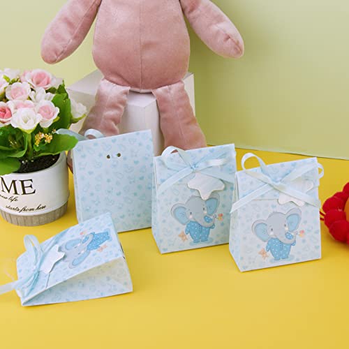 50pcs Cajas de Regalo de Elefante 8x4x10cm Bolsas Pequeñas Azul Caramelos Dulces Galletas Chocolates Bombones para Fiesta Comunión Bautizo Baby Shower Cumpleaños Infantil Niños con Etiquetas Cuerda