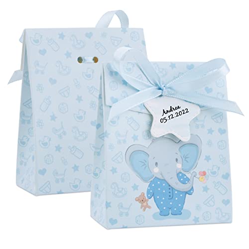 50pcs Cajas de Regalo de Elefante 8x4x10cm Bolsas Pequeñas Azul Caramelos Dulces Galletas Chocolates Bombones para Fiesta Comunión Bautizo Baby Shower Cumpleaños Infantil Niños con Etiquetas Cuerda