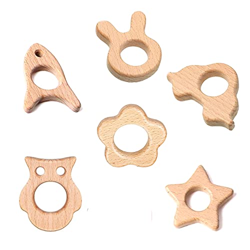 6 Piezas Madera Juguete de Lactancia Animal de Madera Orgánica, Kit Pendiente de Madera para Animales Diy Accesorios de Enfermería Mordedor Madera (6pcs)