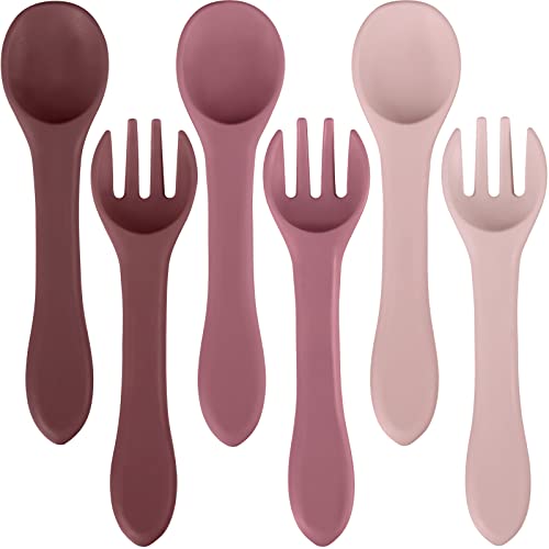 6 Piezas Set de Tenedor Cuchara de Alimentación de Silicona Bebé Suministro Autoalimentación de Primera Etapa Seguridad Caliente Cubierto de Niños Pequeños Más de 6 Meses (Color Princesa)