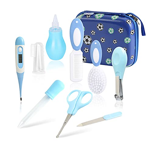 Accesorios Bebe Recien Nacido Set para Cuidado del Bebé, 9 Piezas Kit de Aseo para Bebés, Kit Cuidado Higiénico Personal para el Hogar y de Viaje, Ideal para Recién Nacido, Niña y Niño(azul)