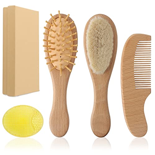 Aedcbaide Juego de cepillo y peine para el cabello de bebé, 4 piezas, cerdas de cabra suaves, cepillo de pelo de madera natural, producto perfecto para el cuidado del cuero cabelludo para bebé