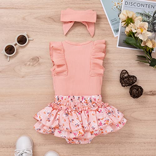 AIOIDI Conjunto de Ropa para Bebe Niña Recién Nacida Top Sin Mangas con Volantes Falda Floral de Verano Diadema Conjunto de 3 Piezas，Rosa，3-6meses