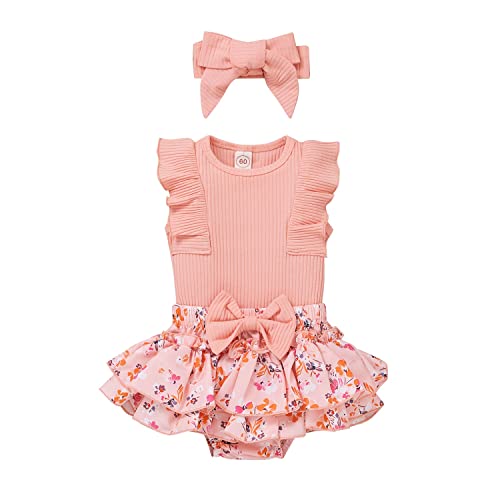 AIOIDI Conjunto de Ropa para Bebe Niña Recién Nacida Top Sin Mangas con Volantes Falda Floral de Verano Diadema Conjunto de 3 Piezas，Rosa，3-6meses