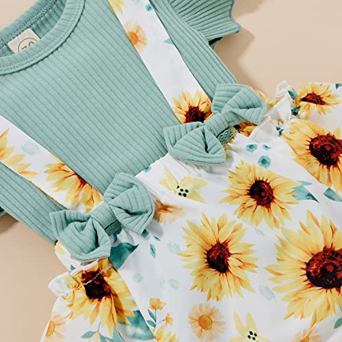 AIOIDI Conjunto Ropa Bebe Niña Recien Nacido Verano Floral Falda de Tirantes+Manga Corta Volantes Mameluco+Diademas con lazo 3 piezas,Azul,6-12meses