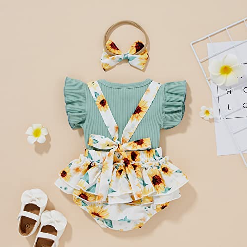 AIOIDI Conjunto Ropa Bebe Niña Recien Nacido Verano Floral Falda de Tirantes+Manga Corta Volantes Mameluco+Diademas con lazo 3 piezas,Azul,6-12meses