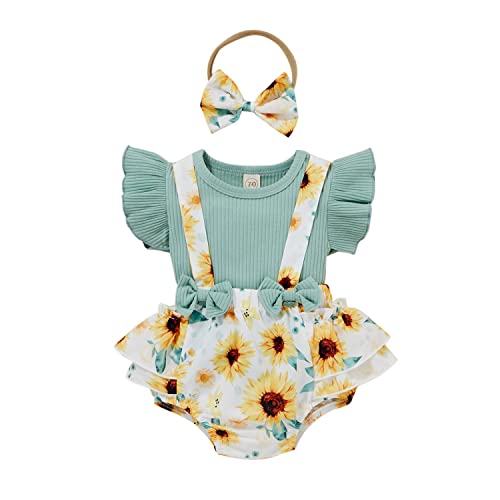 AIOIDI Conjunto Ropa Bebe Niña Recien Nacido Verano Floral Falda de Tirantes+Manga Corta Volantes Mameluco+Diademas con lazo 3 piezas,Azul,6-12meses