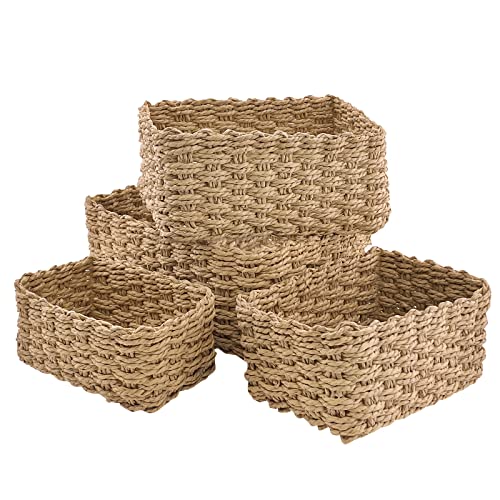 Almacenamiento Juego de 4 cestas Organizador cajones baño Almacenaje Ropa Cajones Cesta navidad vacia cuerda de papel reciclable, para accesorios maquillaje, Juguete,cocina(Amarillo)