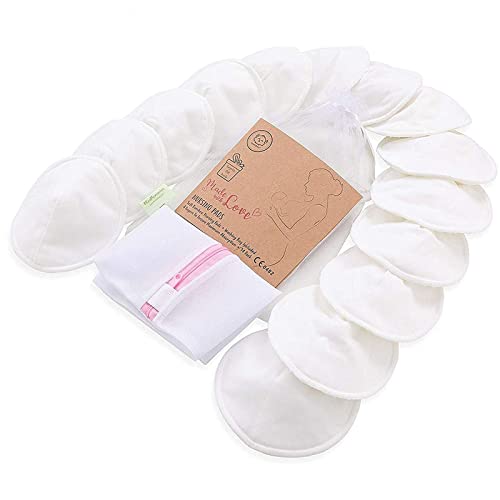 Almohadillas de lactancia de bambú orgánico - 14 almohadillas lavables + bolsa de lavado - Almohadilla de lactancia para la maternidad (Blanco Suave, Grande 12cm)